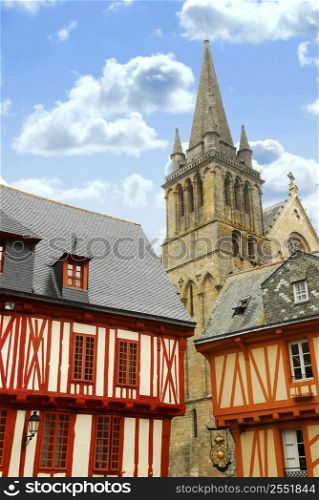 Colorful medieval houses and cathedral in Vannes, Brittany, France
