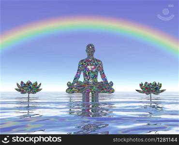 Colorful meditation by peaceful human under a rainbow - 3D render. Colorful meditation under a rainbow - 3D render