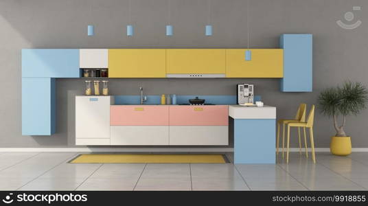 Colorful minimalist kitchen with peninsula and stools - 3d rendering. Colorful minimalist kitchen with peninsula