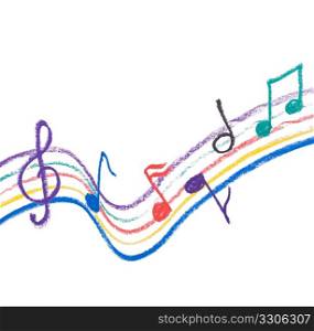 Colorful music notation drawing on white, isolated musical notation