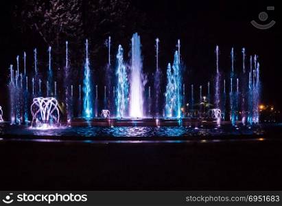 Colorful musical fountain in Margaret Island, Budapest, Hungary at night