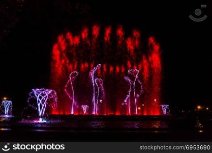 Colorful musical fountain in Margaret Island, Budapest, Hungary at night