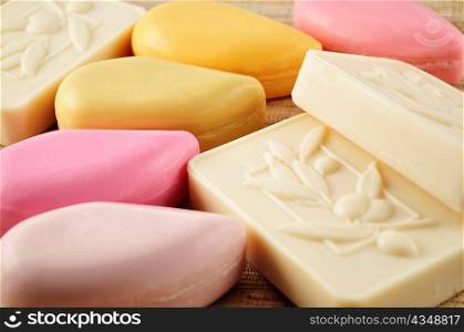 colorful natural soap bars , close up shot
