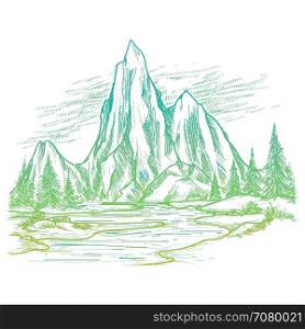 Colorful nature landscape sketch. Hand drawn colorful landscape with mountain and forest isolaed on white background. Vector nature sketch