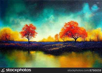 Colorful nature with trees and rivers oil painting 3d illustrated