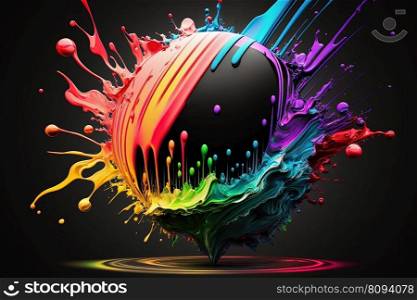 Colorful neon paint splash in form of sphere on black backgound. Abstract liquid paint texture background with copy space. Creativity concept. AI. Colorful neon paint splash abstract liquid background. AI