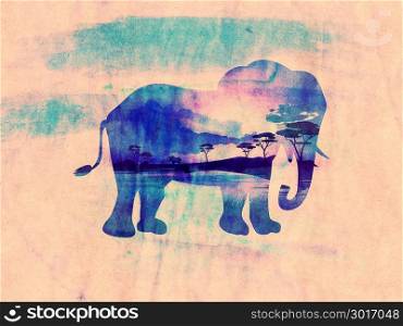 Colorful night scene, african landscape with silhouette of trees and elephant, paper textured.