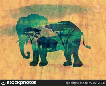 Colorful night scene, african landscape with silhouette of trees and elephant, paper textured.