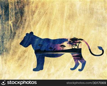 Colorful night scene, african landscape with silhouette of trees and lions, paper textured.