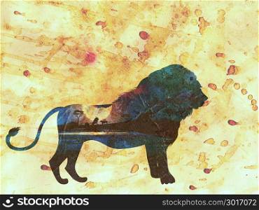 Colorful night scene, african landscape with silhouette of trees and lions, paper textured.