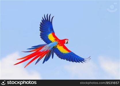 Colorful of Parrot flying in the sky. Free flying bird