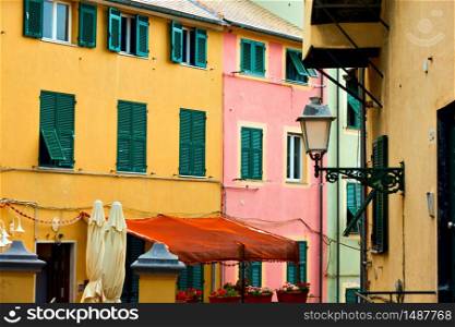 Colorful old street in Boccadasse district in Genoa city, Italy