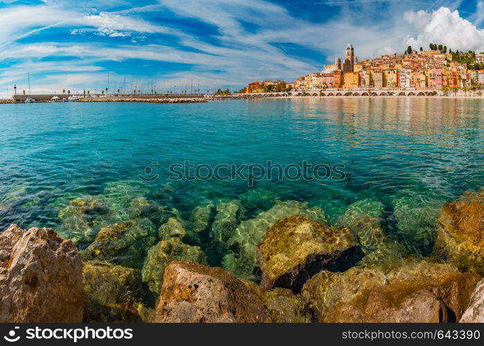 Colorful old town and beach in sunny Menton, perle de la France, on French Riviera, France. Menton, French Riviera, France