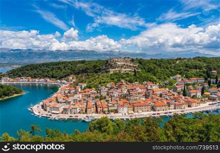 Colorful old village of Novigrad in Istria county of Croatia with blue river and harbor. Picturesque small riverside town of Novigrad in Croatia