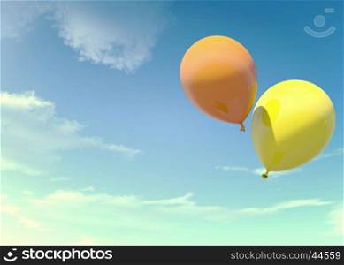 Colorful orange and yellow balloons floating in summer holidays in vintage color filter, concept of summer, holidays, and joyful