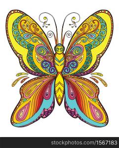 Colorful ornamental fantasy butterfly. Vector decorative abstract vector contour illustration isolated on white background. Stock illustration for adult coloring, design, print, decoration and tattoo.. Butterfly coloring vector