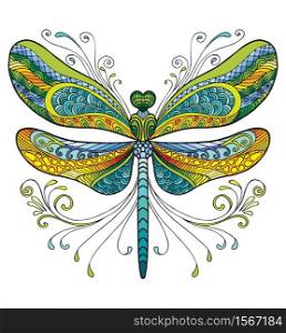 Colorful ornamental fantasy dragonfly. Vector decorative abstract vector illustration isolated on white background. Stock illustration for adult coloring, design, print, decoration and tattoo.. Dragonfly colorful vector