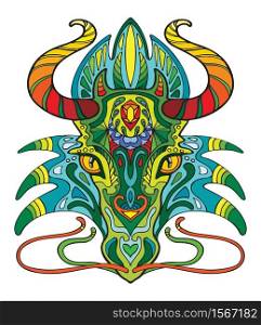 Colorful ornamental portrait of dragon. Vector decorative abstract vector contour illustration isolated on white background. Stock illustration for adult coloring, T Shirt, design, print, decoration and tattoo.. Dragon coloful vector