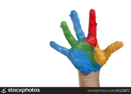 colorful paint children hand painted over white background