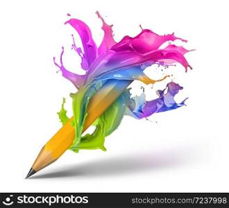 Colorful paint splash around pencil, isolated background. Green splash