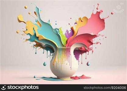 Colorful paint splash in form of vase. Abstract liquid paint texture background with copy space. Creativity concept. AI. Colorful pastel paint splash abstract liquid background. AI