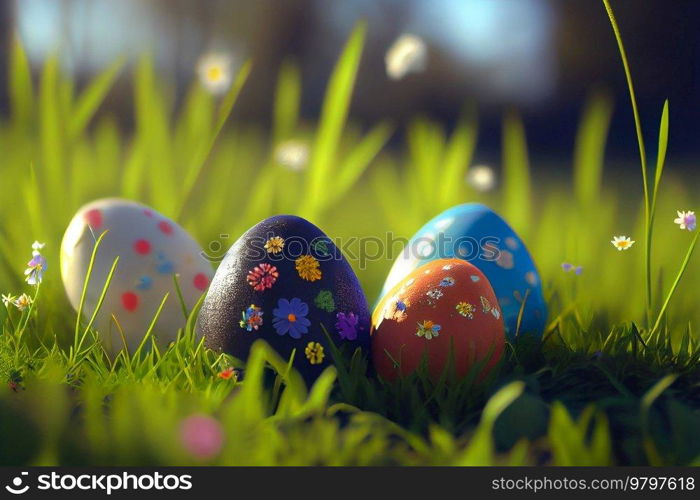 Colorful Painted Easter Eggs Background on Green Grass