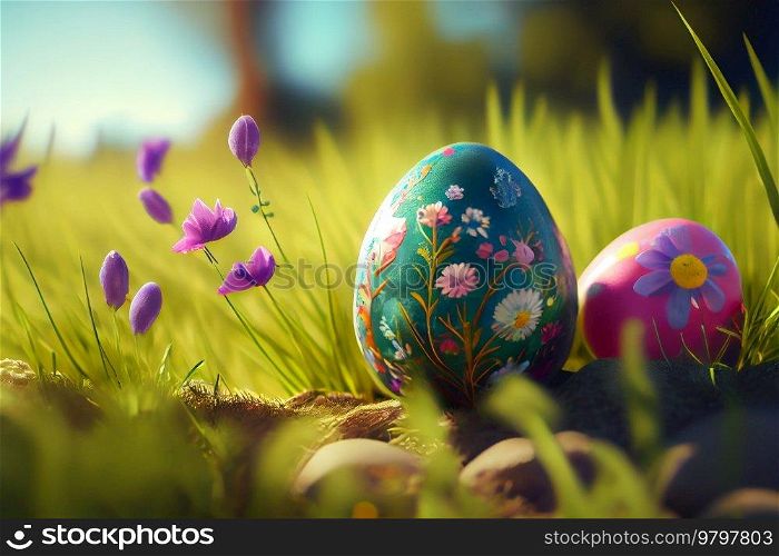 Colorful Painted Easter Eggs Background on Green Grass