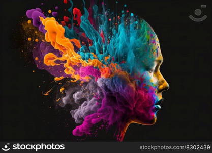 Colorful painted explosion in head. Concept of creative mind and imagination. Silhouette of human with colored fragments. Created with generative AI