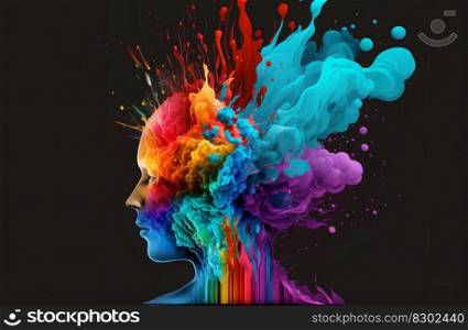 Colorful painted explosion in head. Concept of creative mind and imagination. Silhouette of human with colored fragments. Created with generative AI