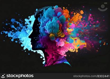 Colorful painted explosion in head. Concept of creative mind and imagination. Silhouette of human with colored fragments. Created with generative AI
