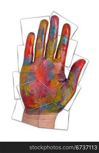 colorful painted human hand. photo collage over white
