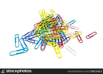 colorful paper clips close-up on white
