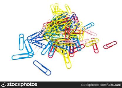 colorful paper clips on white background