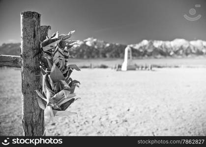 Colorful paper cranes hanging on a wooden post at Manzanar, California.