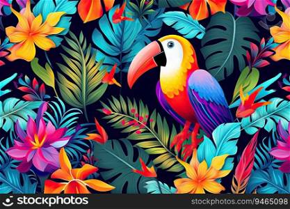 colorful parrot in jungle paradise with tropical flowers, AI generated. colorful parrot in jungle paradise with tropical flowers