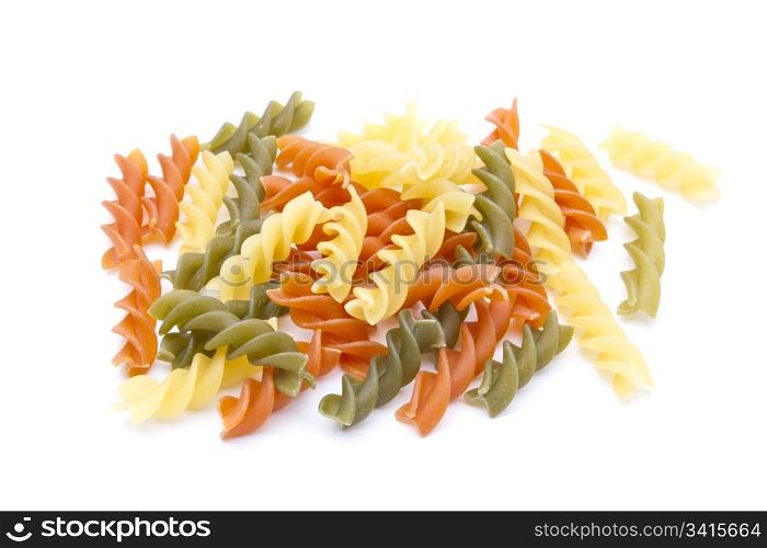 Colorful pasta closeup on white background