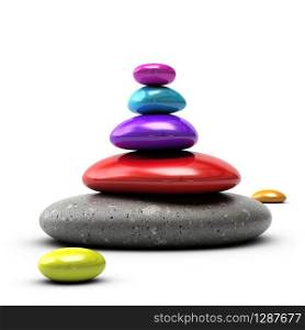 colorful pebbles stacked over white background with purple, blue, red and grey colors. colorful pebbles stack
