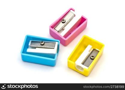 Colorful pencil Sharpeners on white background.