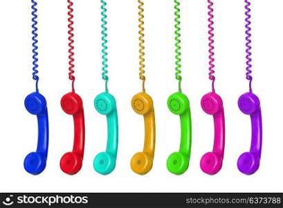 Colorful phones hanging from a cable isolated on a white background