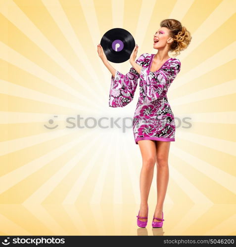 Colorful photo of a clubbing fashionable hippie homemaker holding a retro vinyl record and smiling happily on colorful abstract cartoon style background.