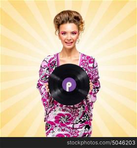 Colorful photo of a happy fashionable hippie homemaker with a retro vinyl record in her hands on colorful abstract cartoon style background.