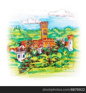 Colorful picturesque castle on a hill in Genoa, Liguria, Italy. Sketch made markers. Castle on a hill in Genoa, Liguria, Italy