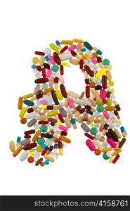 colorful pills and drugs lying on a white background. in the form of a pharmacy
