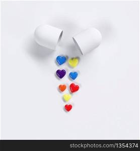 Colorful Pills heart concept idea on white color background. Minimal valentine ideas. 3D Render.