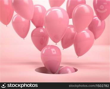 Colorful pink air balloons flying out of big hole in floor at pink interior. Perfect background or mockup for celebrations, party, greetings and invitations. 3d render. Colorful pink air balloons flying out of big hole in floor at pink interior. Perfect background or mockup for celebrations, party, greetings and invitations. 3d illustration.