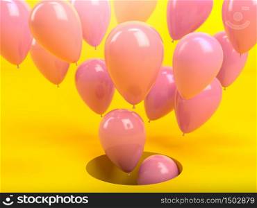 Colorful pink air balloons flying out of big hole in floor at yellow interior. Perfect background or mockup for celebrations, party, greetings and invitations. 3d render. Colorful pink air balloons flying out of big hole in floor at yellow interior. Perfect background or mockup for celebrations, party, greetings and invitations. 3d illustration.
