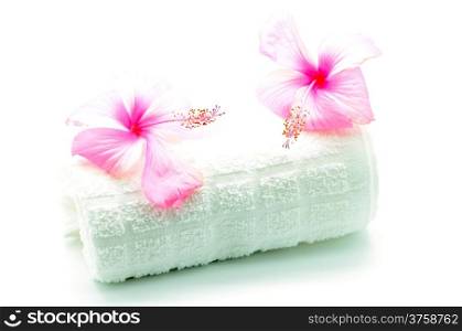 Colorful pink Hibiscus flower with towel in spa theme, isolated on a white background