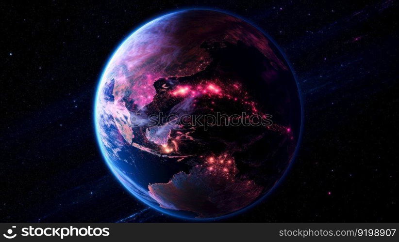 colorful planet earth view from space purple glowing light generative ai.