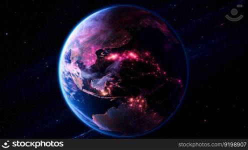 colorful planet earth view from space purple glowing light generative ai.