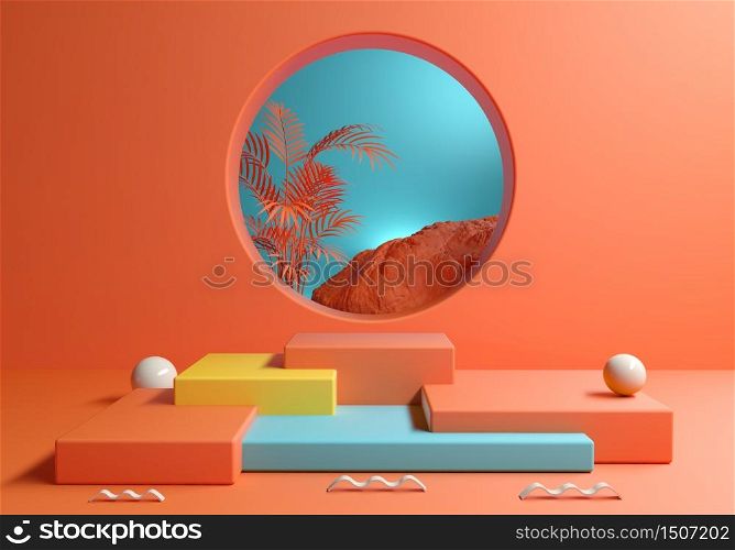 Colorful podium stage blank for show products or cosmetics with tropic background, 3d illustration